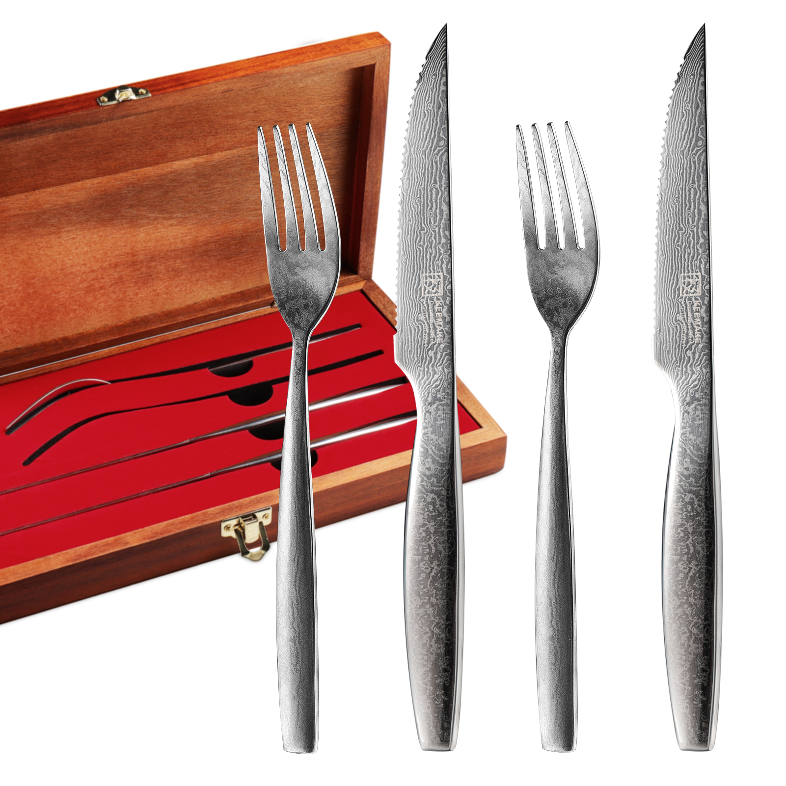 KEEMAKE Unique Design Damascus 2pcs Steak Knives & 2pcs Forks Set With Wooden Box