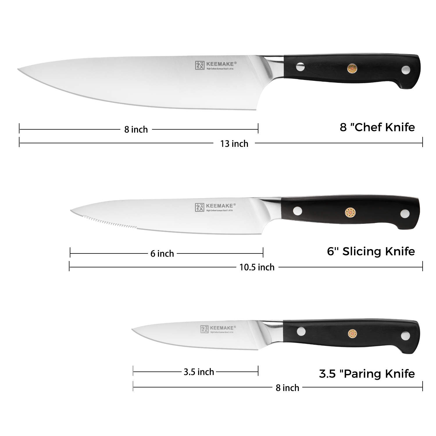 KEEMAKE 3pcs Kitchen Knives Set High Carbon German Steel 1.4116 High Quality Chef's Knife with ABS Handle