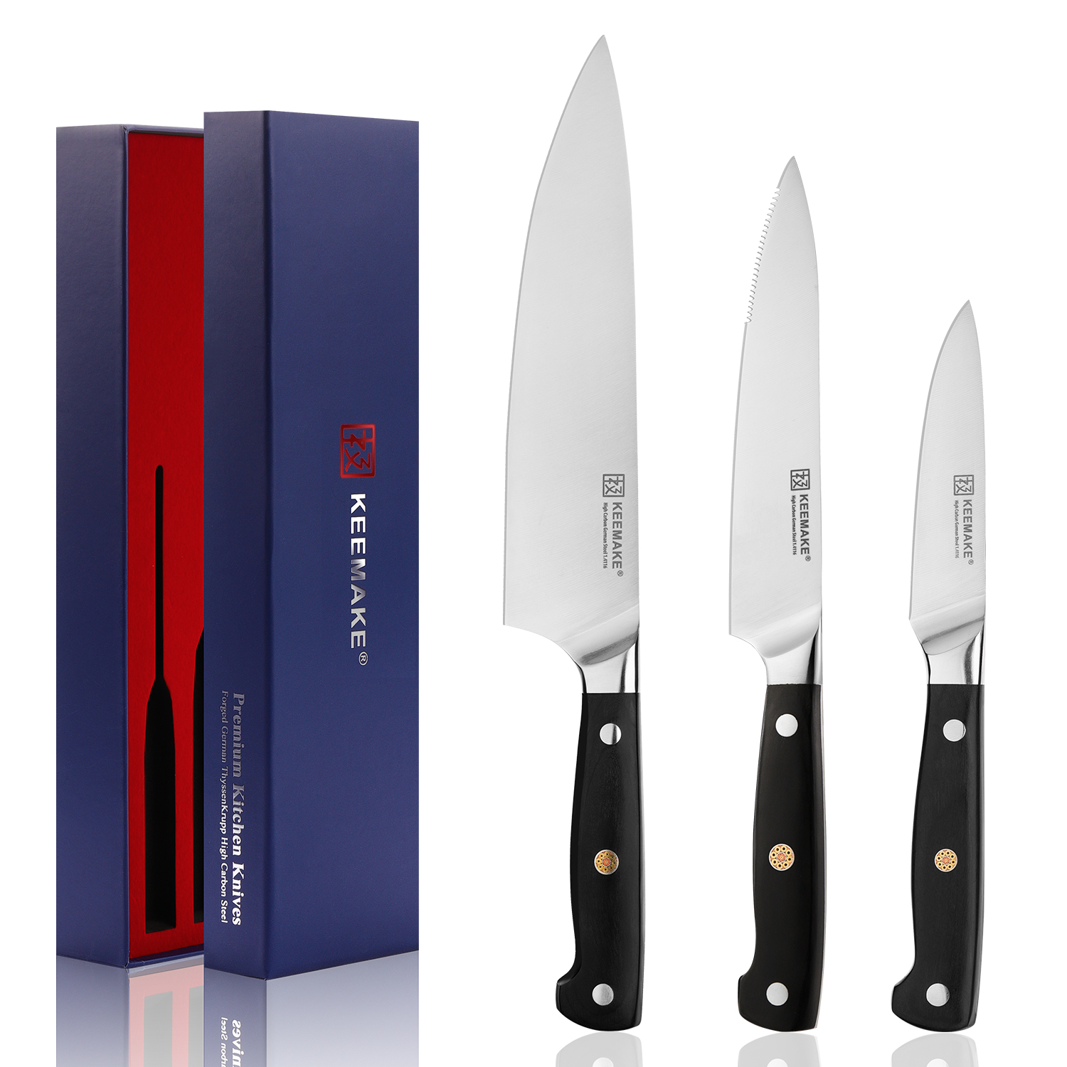 KEEMAKE 3pcs Kitchen Knives Set High Carbon German Steel 1.4116 High Quality Chef's Knife with ABS Handle