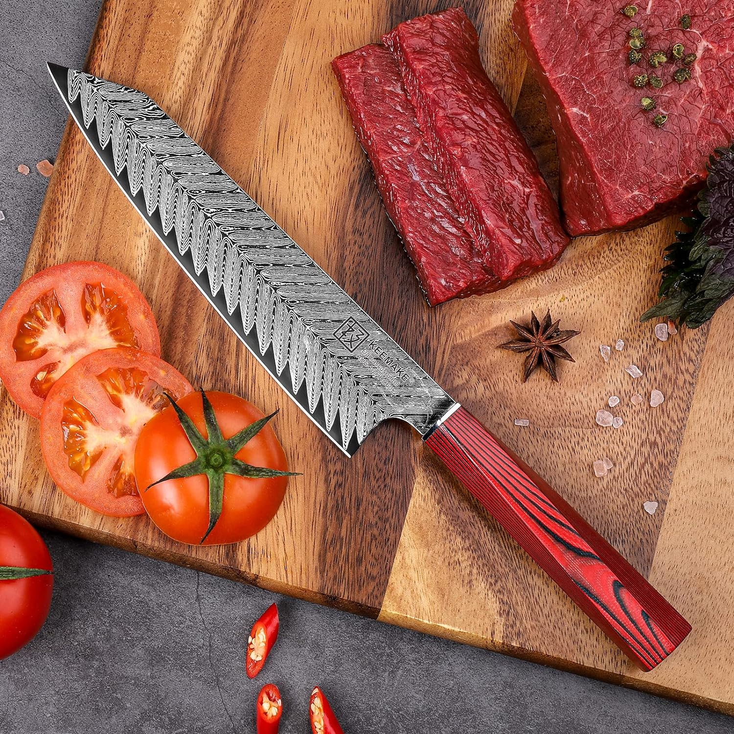 Keemake kitchen knife 8inch Gyuto chef's knife 67 layers Damascus stainless steel  for kitchen meat cutting(Red G10 Handle)