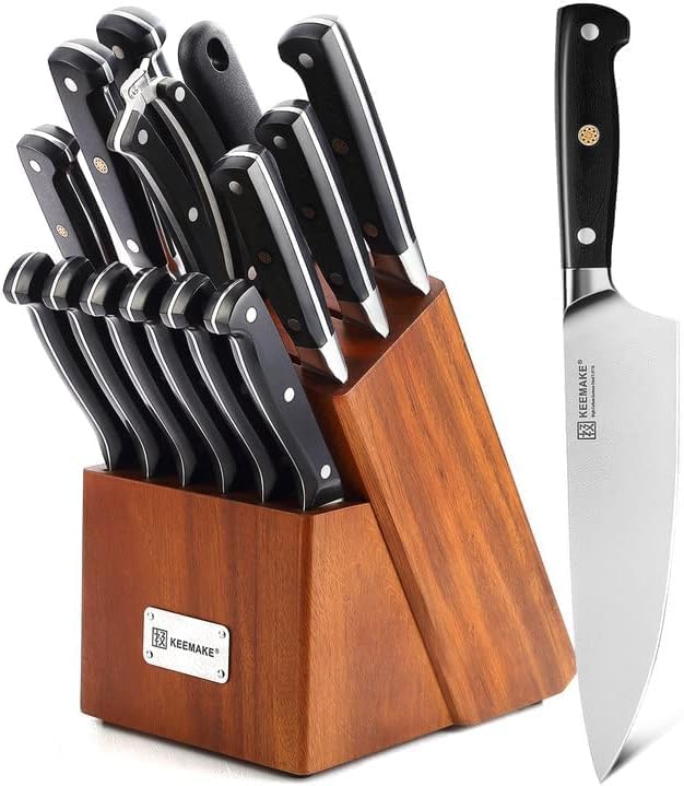 KEEMAKE 15-Piece High Quality Chef's Knife Set High Carbon German Steel 1.4116 ABS Handle with Wooden Stand Kitchen Knives
