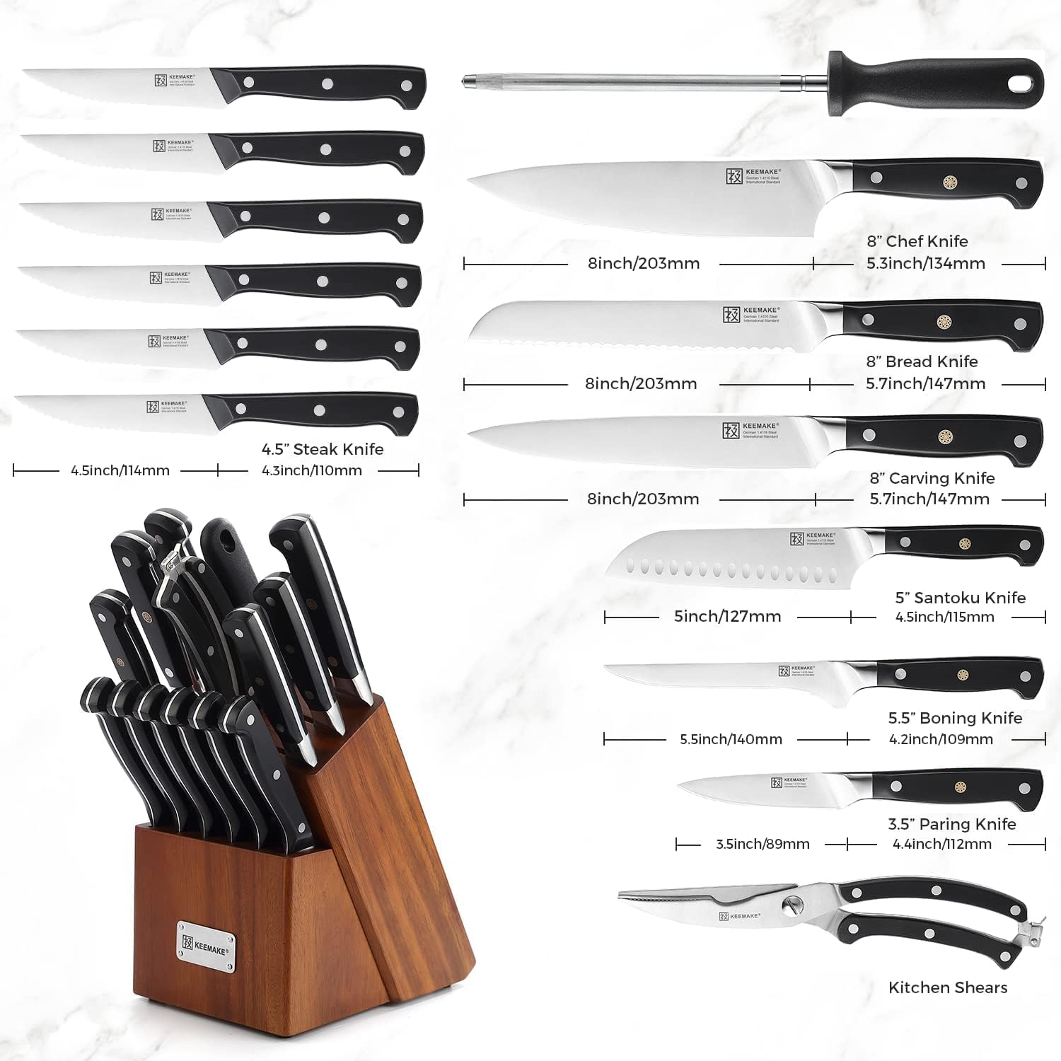 KEEMAKE 15-Piece High Quality Chef's Knife Set High Carbon German Steel 1.4116 ABS Handle with Wooden Stand Kitchen Knives