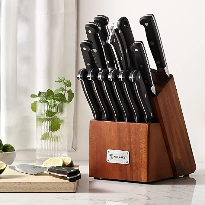 KEEMAKE 15-Piece High Quality Chef's Knife Set High Carbon German Steel 1.4116 ABS Handle with Wooden Stand Kitchen Knives